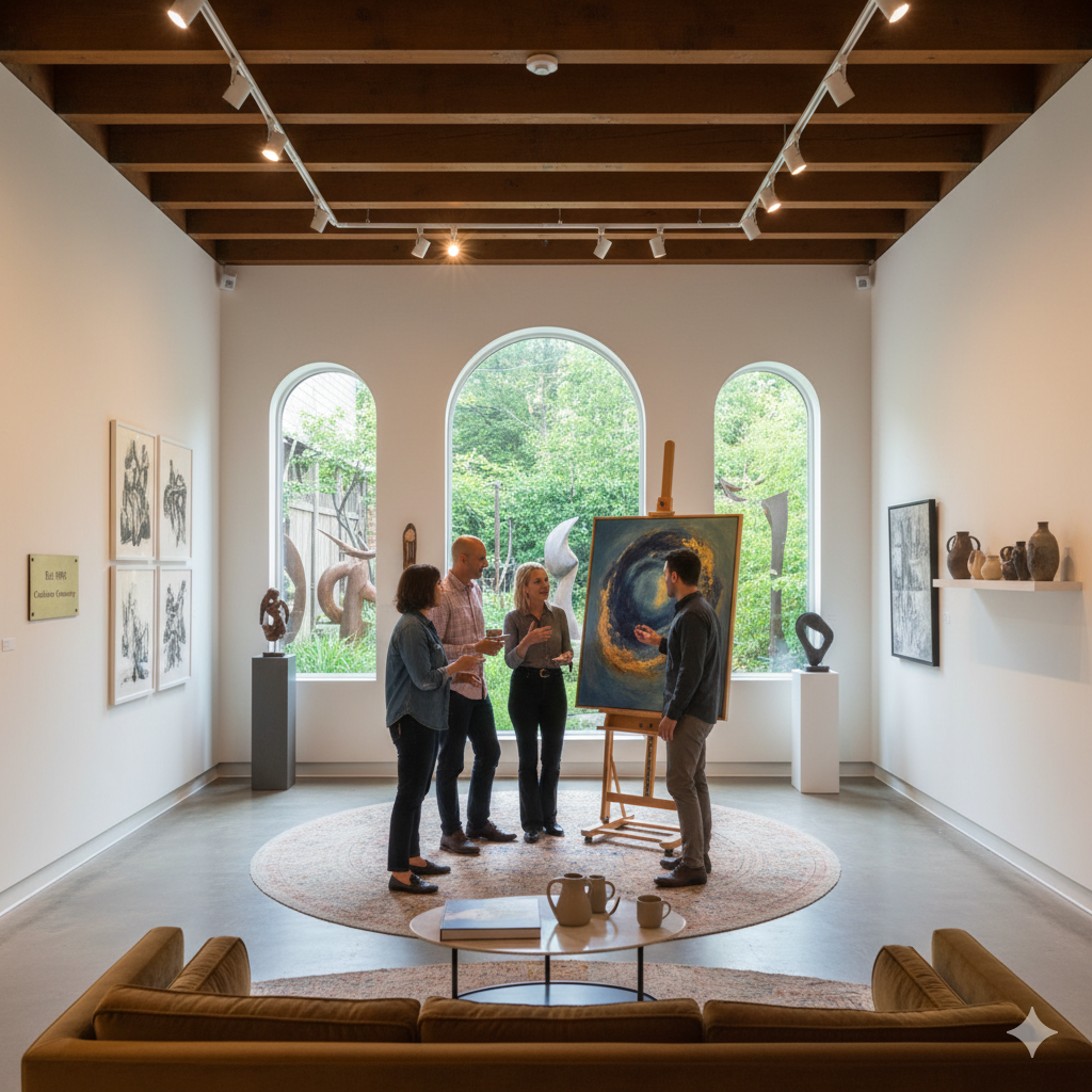 Interior of the art gallery showcasing various artworks.