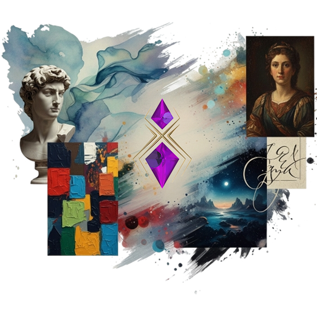 Abstract blue, gold, and red calligraphy art